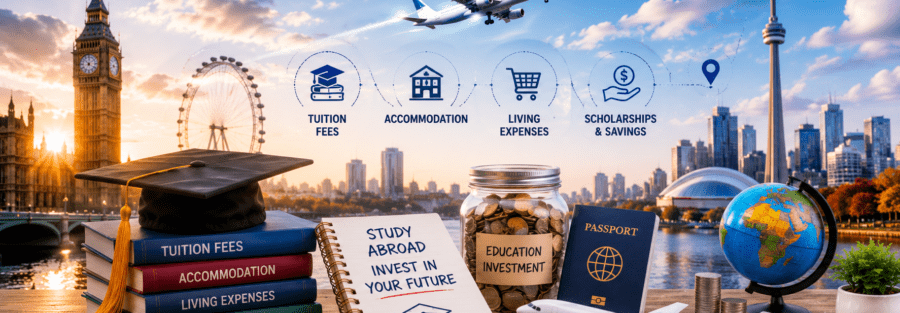Cost of studying abroad for Indian students in 2026 showing tuition fees, accommodation, living expenses, scholarships, passport, and education investment.