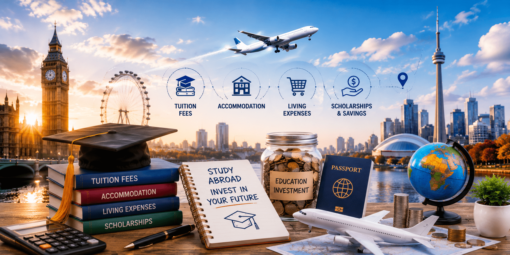 Cost of studying abroad for Indian students in 2026 showing tuition fees, accommodation, living expenses, scholarships, passport, and education investment.
