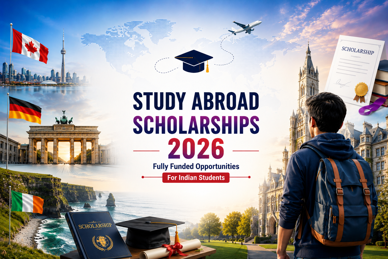 Study Abroad Scholarships 2026 for Indian Students featuring fully funded scholarship opportunities in Canada, Germany, Ireland, UK, Australia, and top international universities