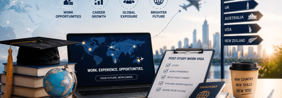Post-Study Work Visa Guide for Indian Students 2026 featuring global career opportunities, work visa, passport, and top study abroad destinations.