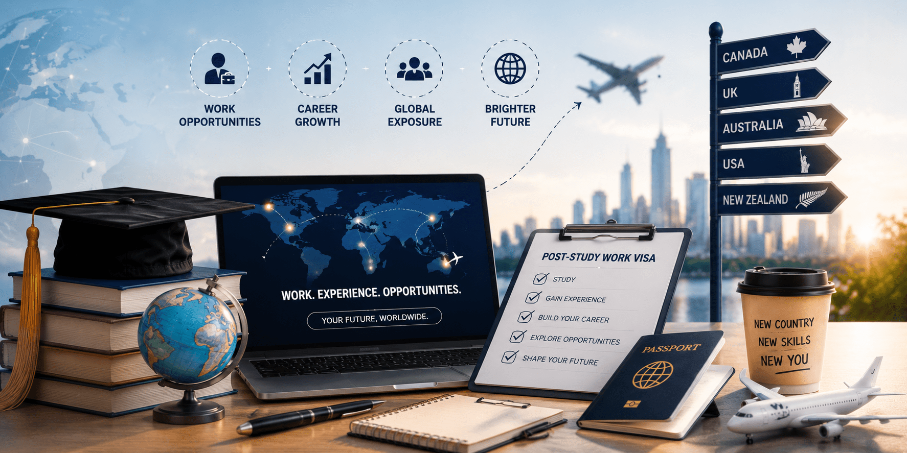 Post-Study Work Visa Guide for Indian Students 2026 featuring global career opportunities, work visa, passport, and top study abroad destinations.