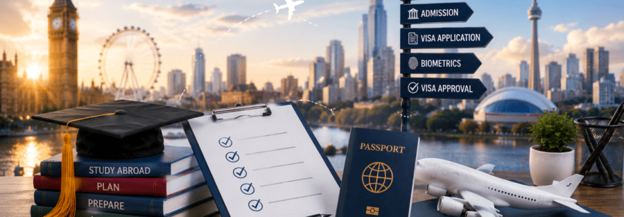 Student Visa Process for Indian Students 2026 step-by-step guide with study abroad documents, passport, visa approval, and international education landmarks.