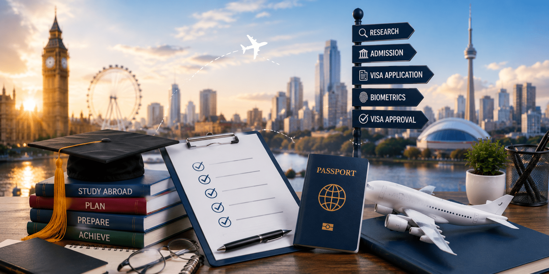 Student Visa Process for Indian Students 2026 step-by-step guide with study abroad documents, passport, visa approval, and international education landmarks.