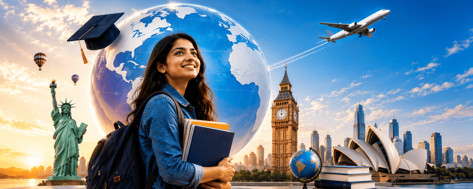 Indian student exploring global education opportunities with international landmarks and study abroad theme
