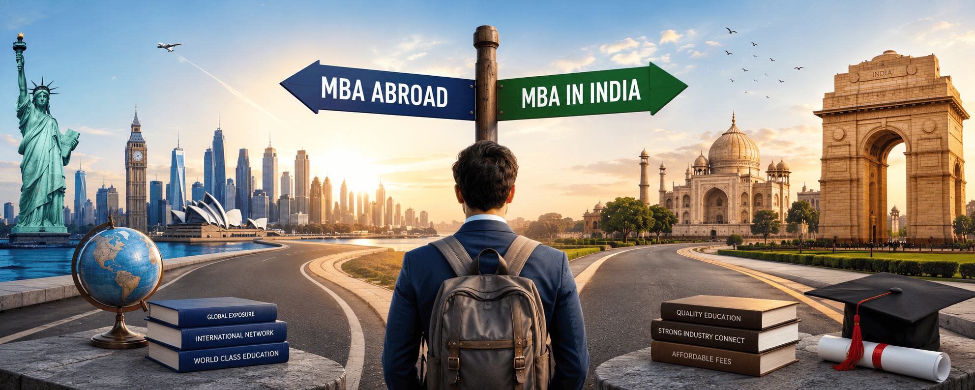 Student choosing between MBA abroad and MBA in India with global and Indian education landmarks.