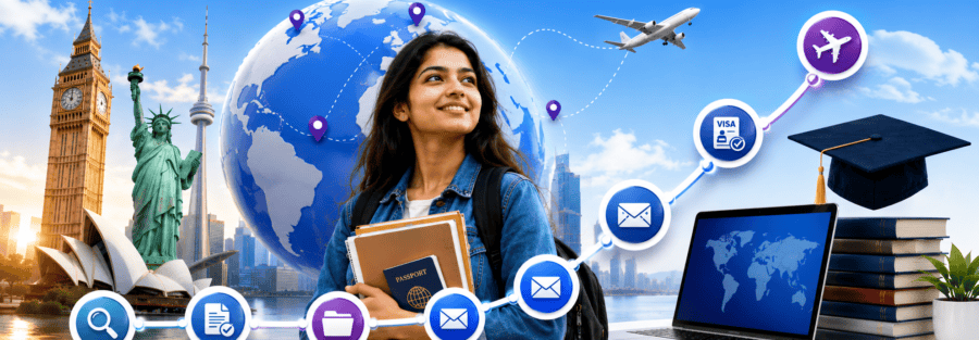 Study abroad application process infographic showing key admission steps for international students planning overseas education.