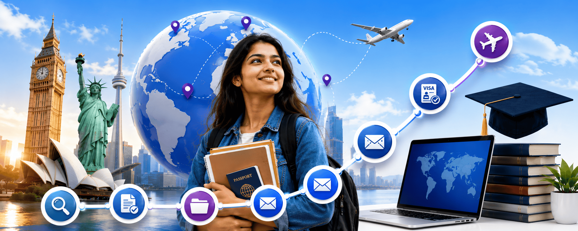 Study abroad application process infographic showing key admission steps for international students planning overseas education.