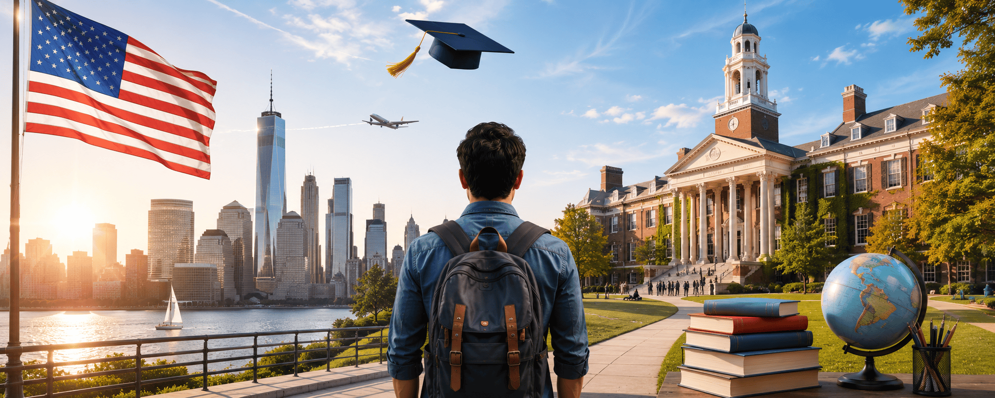 Student overlooking a prestigious USA university campus and city skyline, representing higher education opportunities in the United States.